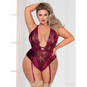 Seven til Midnight Velvet And Lace Teddy With Plunging Neckline, Strappy Thong Detail, And Removable Garters STM11061