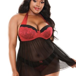 Sophia Halter Neck Teddy - Black/Red
