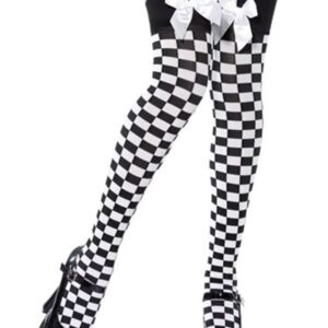 Checkered Stockings With White Bow - Black/White