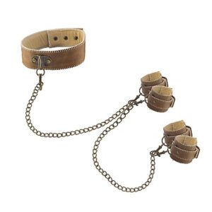 Ouch! Brown Collar With Hand And Ankle Cuffs