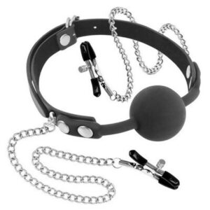Silicone ball gag with nipple clamps