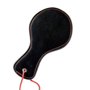 Mini black leather swatter with a red stitched seam