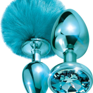 Global Novelties: Nixie Metal Butt Plug Set, Pom Pom & Jewel, blue