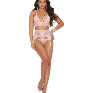 Elegant Moments Eyelash Lace Bralette With Matching Garter Belt and Thong EM30021