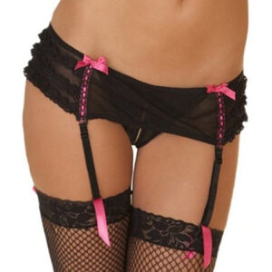 Rene Rofe Crotchless Mesh Skirted Thong w/Removable Garters Black S/M