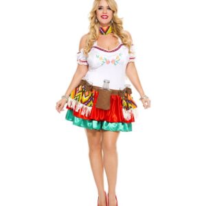 Music Legs 4 Pc. Plus Size Embroidered Sweetheart Neckline Peasant Style Dress With Colorful Multi Layered Skirt Includes: Scarf, Mini Sombrero And Bottle Holster ML70438Q