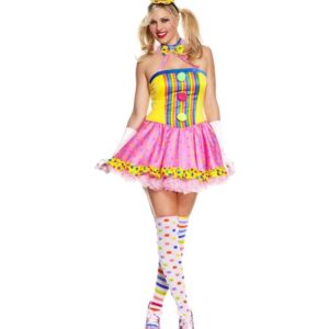 Music Legs The Plus Size Circus Cutie Clown Costume Is A Four Piece Set That Features A Multi Colored Halter Dress With Pom Pom Detail And Polka Dot Bottom. It Also Includes Gloves, Mini Hat And Thigh Highs. (Petticoat Not Included.) ML70494Q