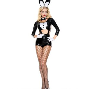 Music Legs 5 Pc. High Waisted Wet Look Shorts With Attached Suspenders And Long Sleeve Tuxedo Loop Top Includes: Rabbit Ears, Bow Choker And Gloves ML70619