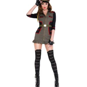 Music Legs Keep Your Soldiers In Check With This Five Piece Sexy General Costume Featuring A Quarter Sleeve Mini Dress With A Zip Up Front, Ruffle Trim, Side Pockets With Red Piping Detail, Green Belt, General Hat And Pantyhose With Gold Embellishments. (