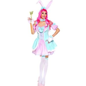 Music Legs Exude Springtime In This Rabbit Beauty Costume Featuring A Striped Pink And Blue Dress, Lace Up Bodice, Bow Accents, Furry Trim, Matching Rabbit Ear Headband, Matching Puff Sleeves, Matching Furry Gloves With Bow Accents, And Matching Thigh Hig