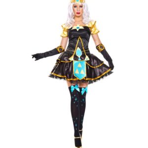 Music Legs Rule Over Your Kingdom In This Elf Princess Cosplay Costume Featuring A Short Dress With Spaghetti Straps, A Gold Trim, A Gold Applique With Teal Accent, A Small Peplum, An Apron Front Panel With Gold Triangle Detailing, A Matching Headpiece Wi