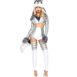 Music Legs Howl At The Moon In This Wild Wolf Woman Costume Featuring A Grey Crop Top With Long Tattered Sleeves A White Center Panel, A Fur Trimmed Shoulder And Neckline, Matching High Waisted Shorts With A Cheeky Cut Back, A Furry Tail, Furry Gloves, A