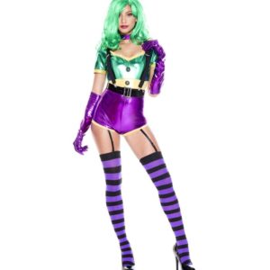 Music Legs 5 PC. Includes: Wet Look Short Sleeve Romper With Button Details And Attached Garters, Belt, Suspenders, Purple Choker, And Wet Look Gloves ML70930