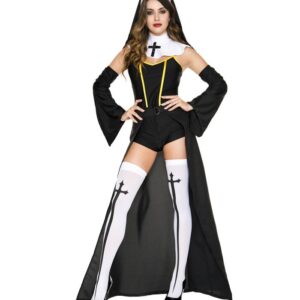 Music Legs 6 PC. Includes: Gold Lining Romper, Detachable Train, Shoulder Cape With Cross Imprint, Habit, Flare Bell Sleeves, And Thigh Hi ML71059