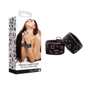 Shots Ouch Old School Tattoo Style Printed Hand Cuffs- Black