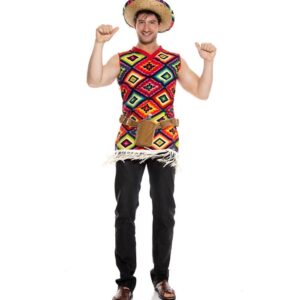 Music Legs 3 Pc. Colorful V-shaped Shirt With Bottom Fringe Includes: Straw Sombrero And Bottle Holster ML76626
