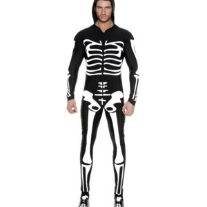 Music Legs Skeleton Printed Long Sleeve Zip Up Body Suit With Attached Hood ML76630