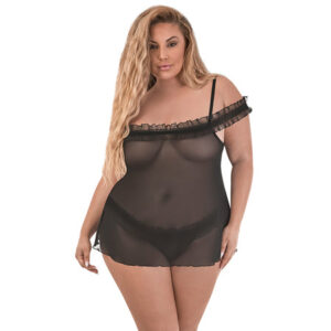 MS Ruffled Baby Doll &  Thong Blk Queen