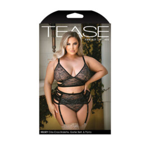 Tease Kelsey Criss Cross metallic Lace Bralette, Garterbelt & Panty Black 3X/4X