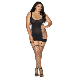 Opaque Fence Net Garter Dress w/Attached Thigh High Stockings Black QN