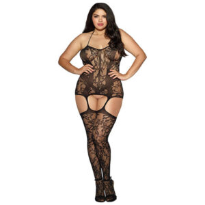 Lace Fishnet Halter Garter Dress w/Opaque Bodice Lines, Adj Halter Ties & Attched Stockings Blk QN