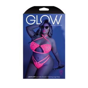 Glow Black Light Halter Bandeau & Cage Panty Neon Pink QN