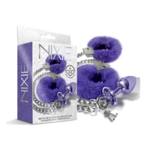 Nixie Metal Butt Plug w/Inlaid Jewel & Fur Cuff Set - Purple Metallic