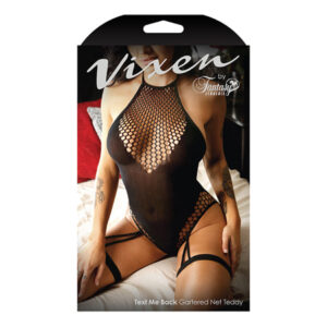 Vixen Text Me Back Halter Tie Teddy w/Attached Leg Garters Black L/XL