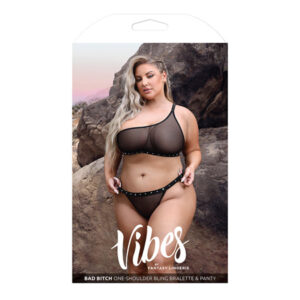 Vibes Bad Bitch One Shoulder Bling Bralette & Panty Black QN