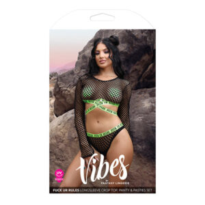 Vibes Fuck Ur Rules Long Sleeve Crop Top, Panty & Pasties Black/Green M/L
