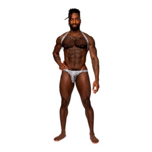 Male Power Snaked Shoulder Sling Harness Thong One-Piece Silver/Black L/XL