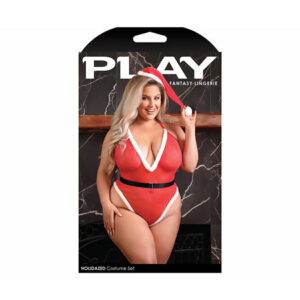 Fantasy Lingerie Play Holidazed Sheer Sparkle Mesh Teddy with Faux Fur Trim: Belt & Santa Hat Red 3XL/4XL