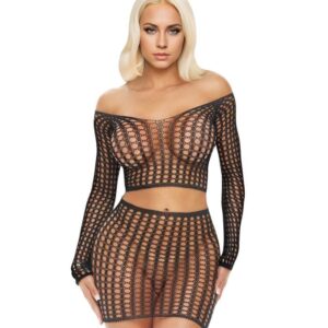 Electric Lingerie Long Sleeve Fishnet Crop Top & Mini Skirt Set EL1009