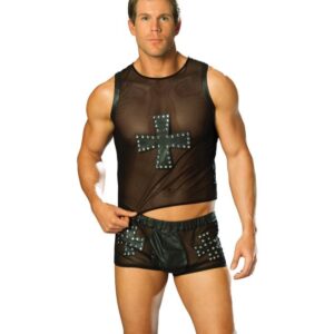 Elegant Moments Mesh Tank Top With Leather Cross Trimmed In Nail Heads EML9284