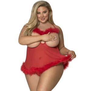 Magic Silk Marabou Cupless & Crotchless Baby Doll Set M277Q