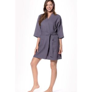 LM Brands Waffle Kimono Charcoal Short Robe Square Pattern LM7063-Charcoal